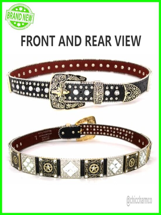 Genuine Leather Crystal Stud Western Belt with Engraved Buckle main image 4